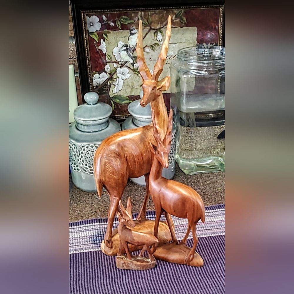 Carved Wooden Antelope Family Sculpture - Warm Brown